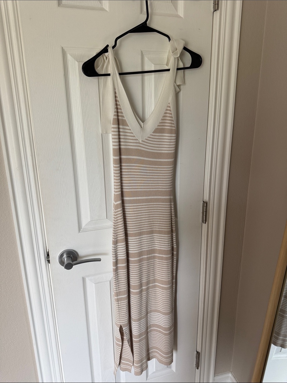 Shoulder tie Beige and White Striped V-Neck Maxi Dress